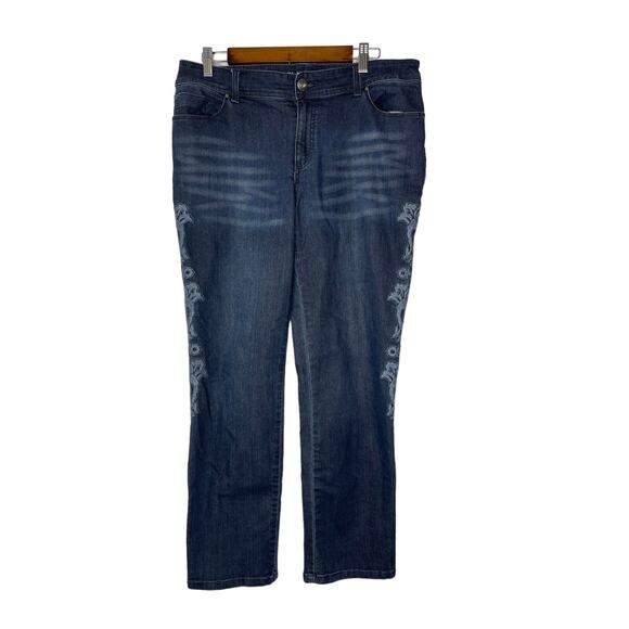 Chico's blue jeans women's 10 PLATINUM DENIM dark wash with embroidery flower - Picture 1 of 16